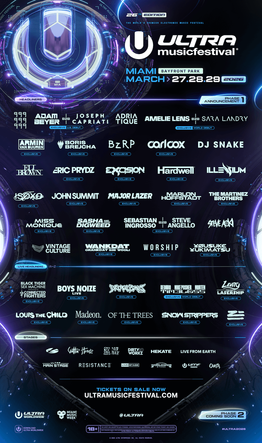 Ultra Music Festival Miami 2026 — Phase 1 Lineup